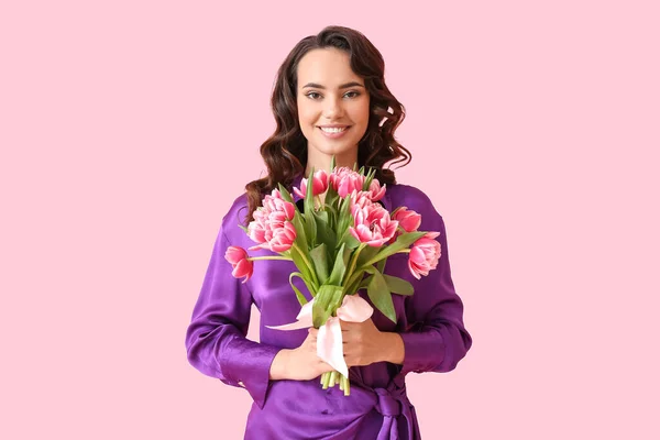 Smiling Young Woman Bouquet Tulips Pink Background International Women Day — Stock Photo, Image