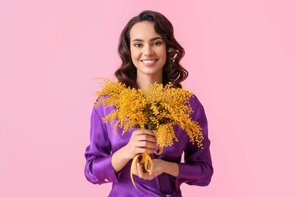 Smiling Young Woman Mimosa Flowers Pink Background International Women Day — Stock Photo, Image