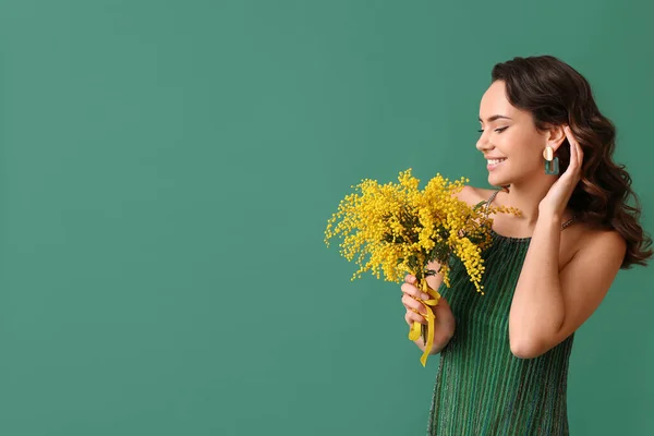 Smiling Young Woman Mimosa Flowers Green Background International Women Day — Stock Photo, Image