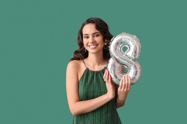 Smiling Young Woman Balloon Shape Figure Green Background International Women — Stock Photo, Image