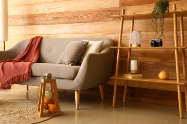 Rahat bir kanepe ve balkabaklı şık bir fener.