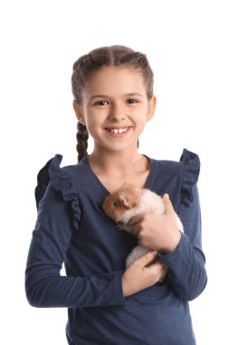Beyaz üzerinde şirin bir kobay taşıyan küçük kız.