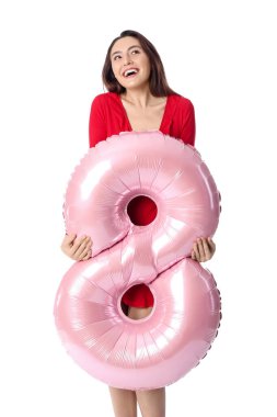 Beyaz arka planda balon şeklinde 8 figürlü güzel genç bir kadın. Uluslararası Kadınlar Günü kutlamaları