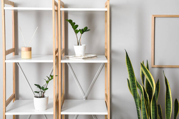 Shelving unit with flowerpots and reed diffuser near light wall