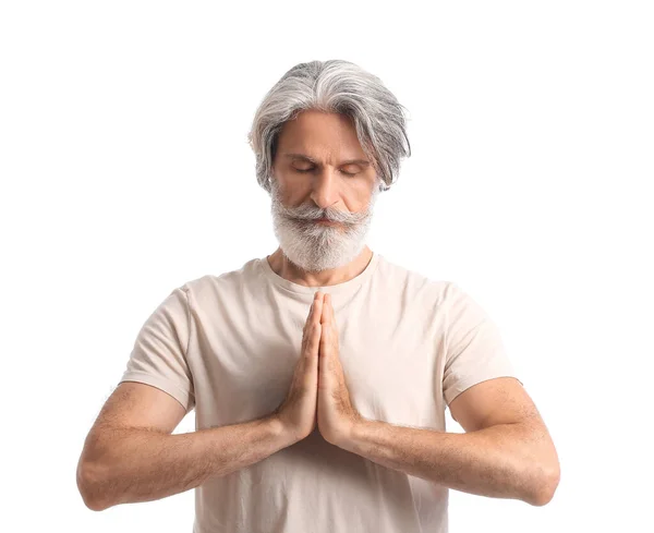 Meditating Mature Man White Background — Stock Photo, Image
