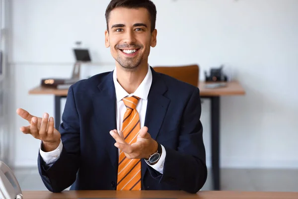 Handsome Businessman Video Chatting Table Office — Stock Photo, Image