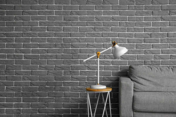 Modern Lamp Coffee Table Sofa Grey Brick Wall — Stock Photo, Image