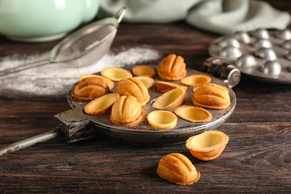 Walnut Cookie Mold Maker Dark Wooden Background — Stock Photo, Image