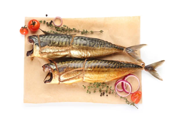 Parchment Tasty Smoked Mackerel Fish White Background — Stock Photo, Image