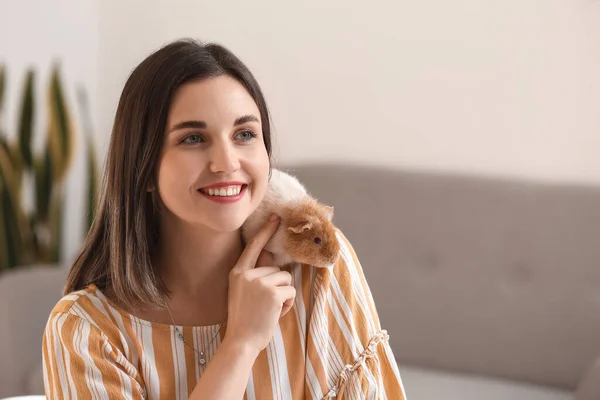 Beautiful Young Woman Cute Guinea Pig Home — Stock Photo, Image