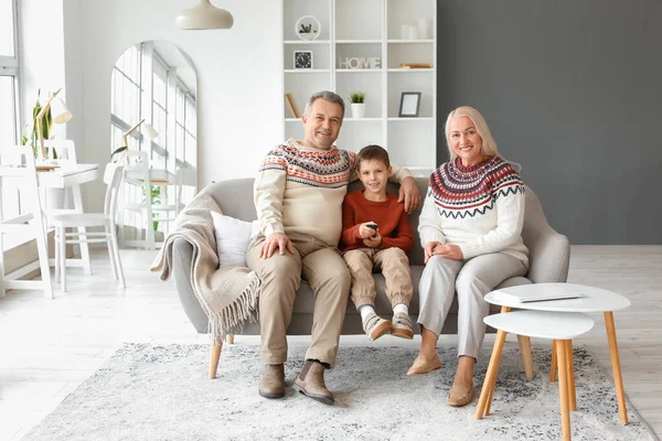 Menino Com Seus Avós Camisolas Quentes Assistindo Casa — Fotografia de Stock