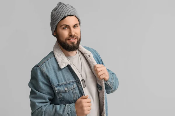 Stylish Bearded Man Grey Background — Stock Photo, Image