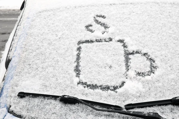 Cup Coffee Drawn Car Window Covered Snow — Stock Photo, Image