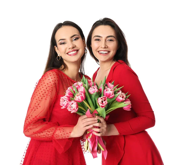 Krásné Mladé Ženy Květinami Bílém Pozadí Mezinárodní Oslava Dne Žen — Stock fotografie