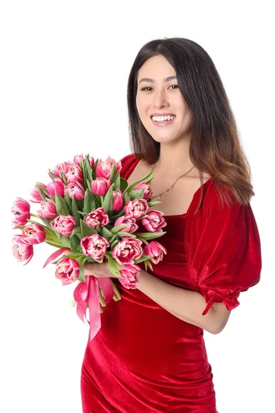 Gyönyörű Fiatal Ázsiai Fehér Hátterű Virágokkal Nemzetközi Nőnapi Ünneplés — Stock Fotó