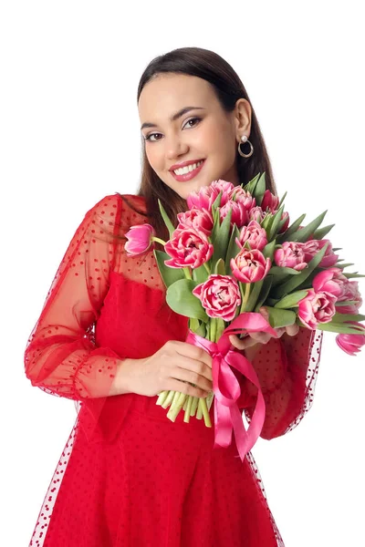 Pretty Young Woman Flowers White Background International Women Day Celebration — Stock Photo, Image