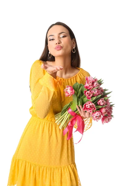 Beautiful Young Woman Bouquet Flowers Blowing Kiss White Background International — Stock Photo, Image