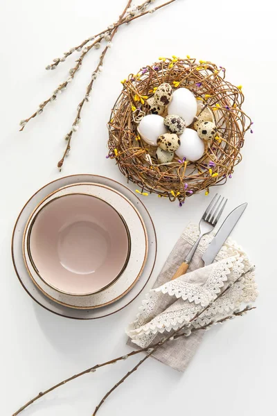 Beautiful Easter Table Setting Pussy Willow Branches White Background — Stock Fotó