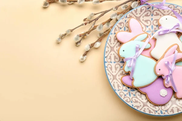 Plate Tasty Easter Cookies Shape Bunny Pussy Willow Branches Beige — Stock Photo, Image