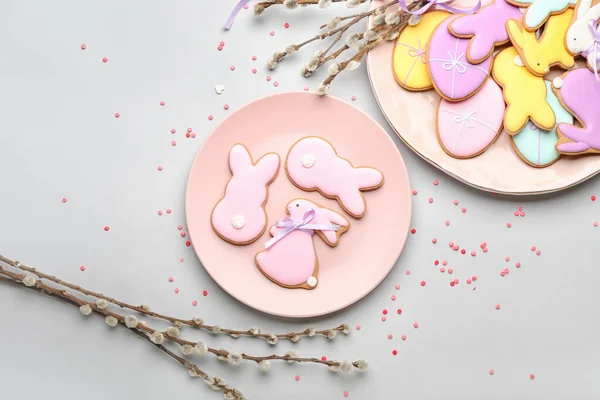 Plates Tasty Easter Cookies Pussy Willow Branches Light Background — Stockfoto