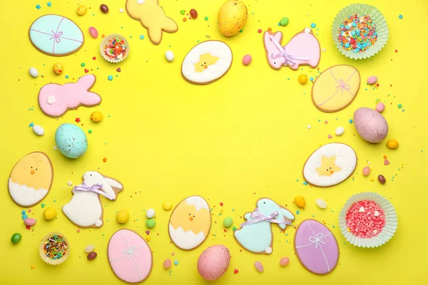 Composition Tasty Easter Cookies Candies Eggs Yellow Background — Stock Photo, Image