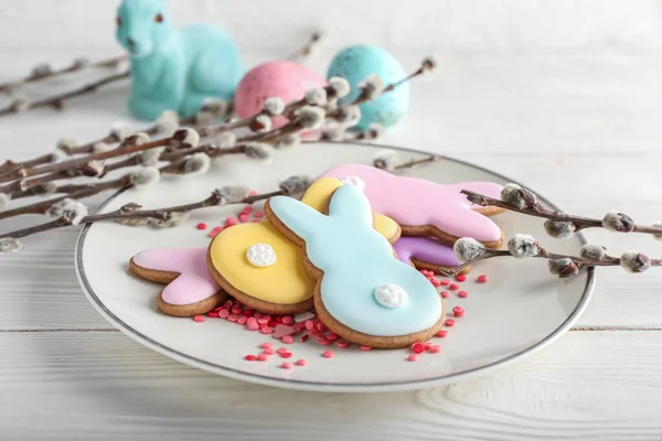 Plate Tasty Easter Cookies Shape Bunny Pussy Willow Branches White — Stock Photo, Image
