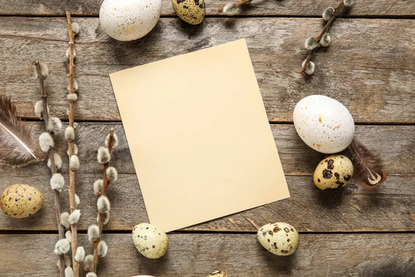 Beautiful Easter Composition Blank Card Eggs Pussy Willow Branches Wooden — 스톡 사진