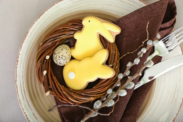 Easter Table Setting Cookies Shape Bunny Pussy Willow Branches — Stock Photo, Image