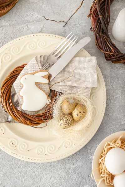 Easter Table Setting Cookie Shape Bunny Grey Background Closeup — Stock Photo, Image