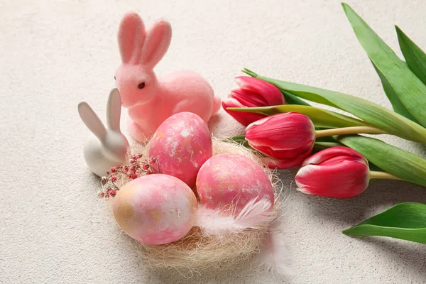 Nest Painted Easter Eggs Bunnies Flowers Light Background Royalty Free Stock Photos