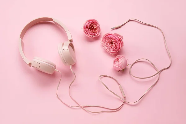 Auriculares Modernos Flores Color Rosa Sobre Fondo Rosa —  Fotos de Stock