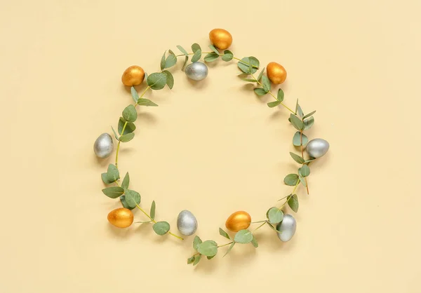 Frame Made Easter Eggs Eucalyptus Branches Beige Background — Stock Photo, Image