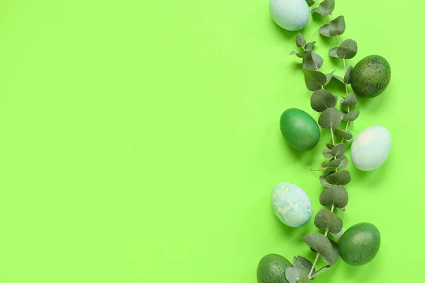 Composition Easter Eggs Eucalyptus Branch Green Background — Stock Photo, Image