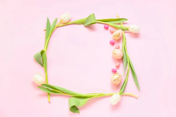 Frame Made Easter Eggs Flowers Pink Background — Stock Photo, Image