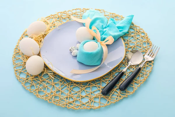 Beautiful Table Setting Easter Celebration Blue Background — Stock Photo, Image