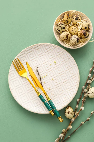 Beautiful Table Setting Easter Celebration Pussy Willow Branches Color Background — Stock Fotó