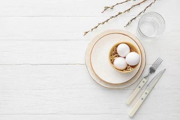 Beautiful Table Setting Easter Celebration Pussy Willow Branches Light Wooden — Stok fotoğraf