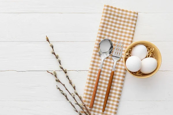 Beautiful Table Setting Easter Celebration Pussy Willow Branches Light Wooden — Foto Stock