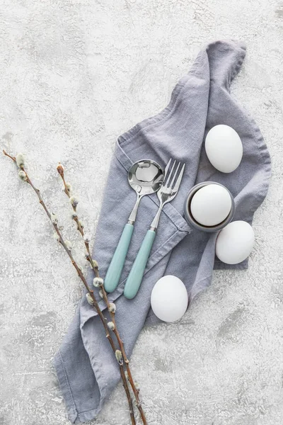 Beautiful Table Setting Easter Celebration Pussy Willow Branches Grey Background — Foto Stock