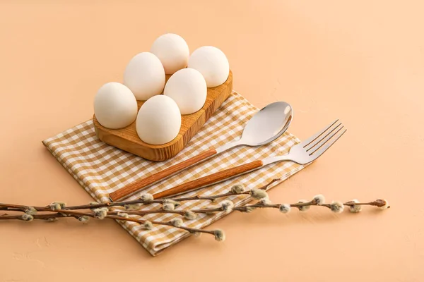 Beautiful Table Setting Easter Celebration Pussy Willow Branches Beige Background — 图库照片