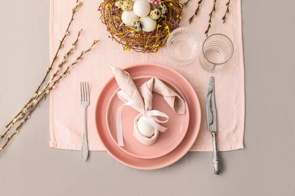 Beautiful Table Setting Easter Celebration Pussy Willow Branches Grey Background — ストック写真