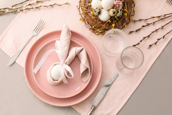 Beautiful Table Setting Easter Celebration Pussy Willow Branches Grey Background — стоковое фото