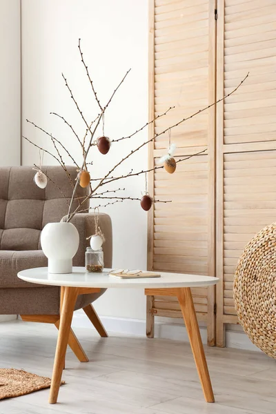 Vase Tree Branches Easter Eggs Table Modern Living Room — Stock Photo, Image