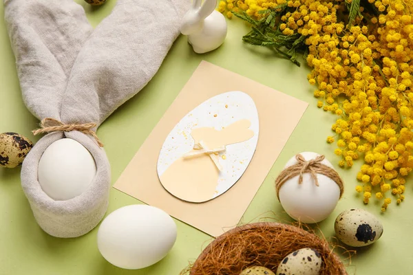 Kutlama Kartı Yumurta Çiçekli Güzel Paskalya Kompozisyonu Renk Arkaplanı Yakın — Stok fotoğraf