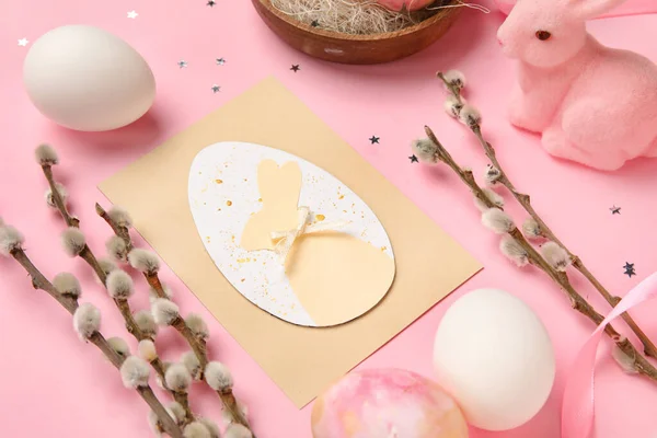 Beautiful Easter Composition Greeting Card Painted Eggs Pussy Willow Branches — 스톡 사진