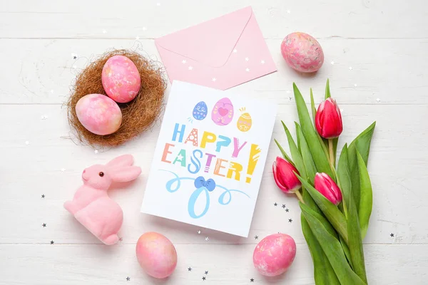Beautiful Easter Composition Greeting Card Painted Eggs Bunny Flowers Light — Stock Photo, Image