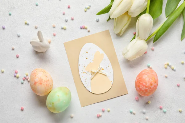 Beautiful Easter Composition Greeting Card Painted Eggs Bunny Flowers Light — Stock Photo, Image