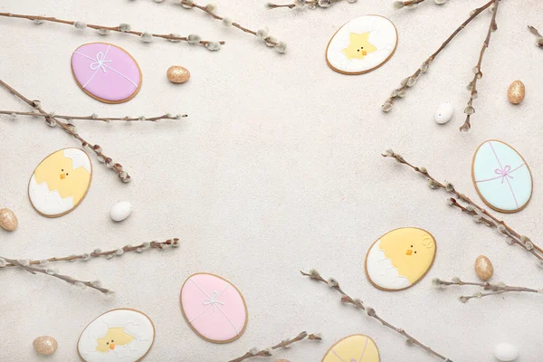 Frame Made Tasty Easter Cookies Eggs Pussy Willow Branches Grey — Fotografia de Stock