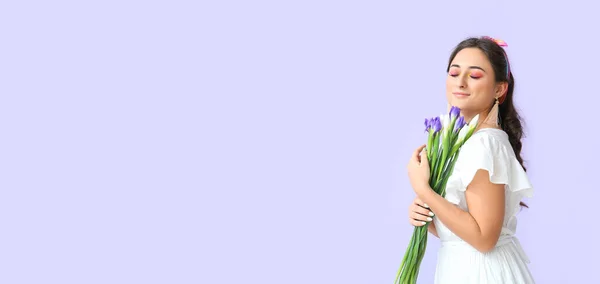 Boldog Írisz Virágok Színes Háttérrel Helyet Szövegnek Nemzetközi Nőnap — Stock Fotó