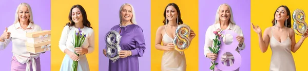 Colagem Mulheres Bonitas Com Presentes Flores Figura Fundo Cores Dia — Fotografia de Stock